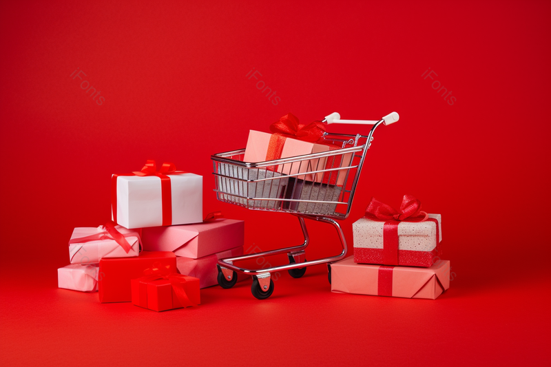 红色背景购物车和礼品盒,高清,摄影图,摄影图片,图片大全,摄影图免费下载